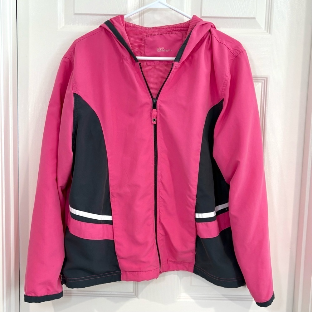Three Hearts Pink Gray Mesh Lightweight Track Jacket Windbreaker Hood Women  XL